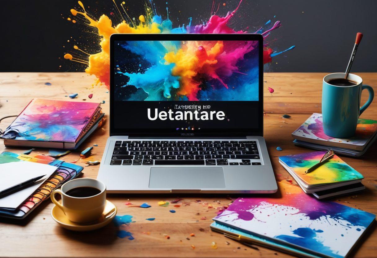 A laptop open on a stylish desk cluttered with colorful notebooks, art supplies, and a steaming mug of coffee, symbolizing content creation. A vibrant explosion of paint splashes and digital icons swirls around, representing creativity and inspiration. Bright, inviting sunlight floods the space, suggesting a thriving lifestyle. Artistic floating text that reads 'Unleashing Your Creativity' completes the energetic scene. super-realistic. vibrant colors. bright ambiance.