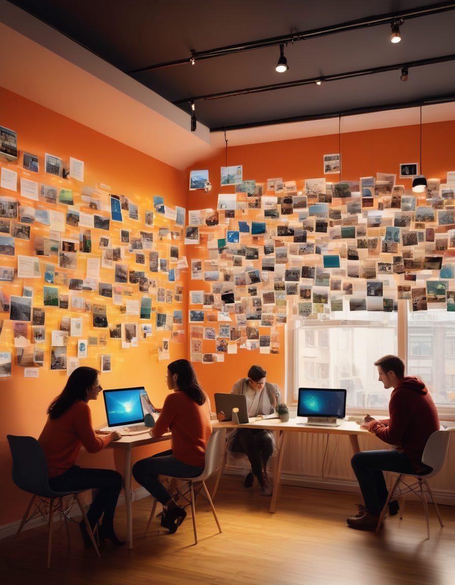 A cozy digital workspace filled with diverse people engaging in discussions over laptops and tablets, surrounded by stacks of informative articles and colorful user-generated content posters. Illustrate a vibrant exchange of ideas in a lively online community atmosphere, with thought bubbles containing snippets of shared content. The space should feel welcoming and collaborative, showcasing unity in diversity. super-realistic. vibrant colors. warm lighting.