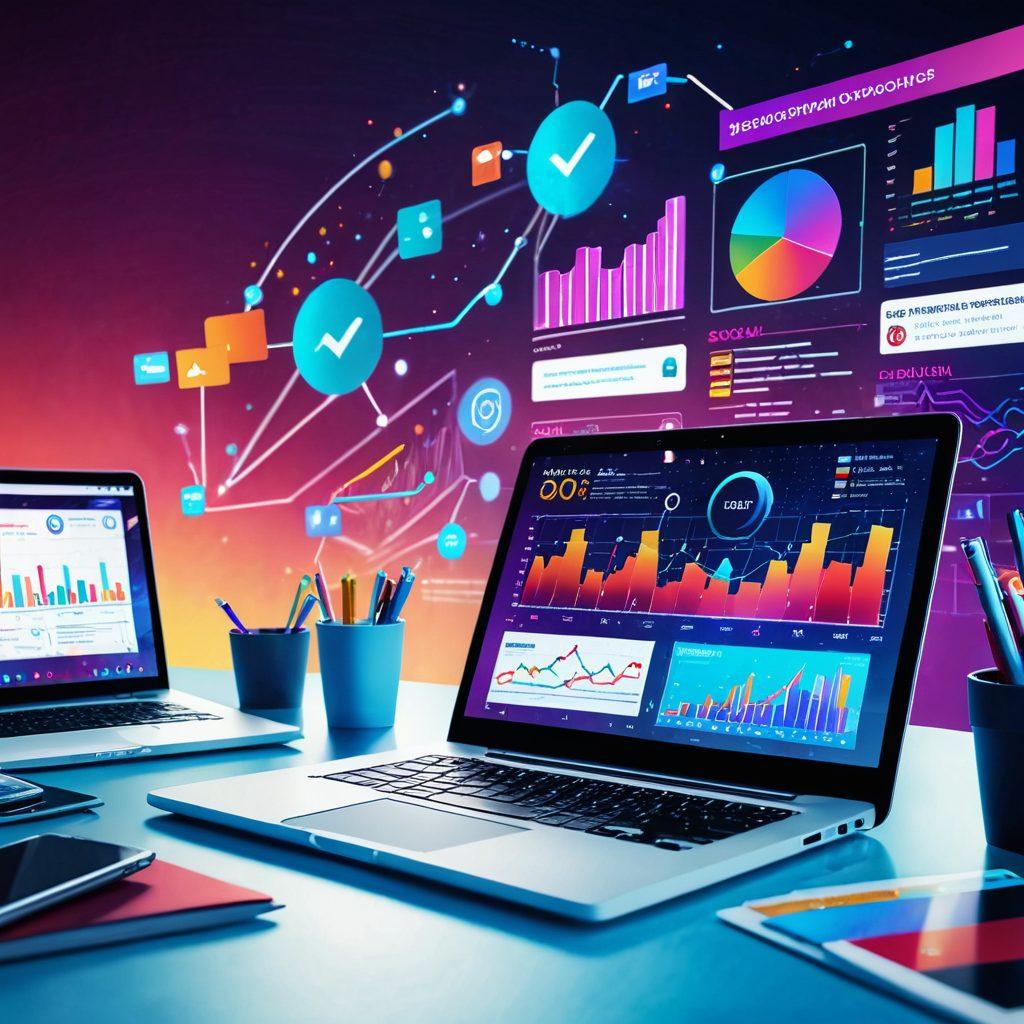 A futuristic digital workspace brimming with high-tech gadgets, showcasing an open laptop displaying trending digital blogs. Colorful graphs and analytics hover in the air, representing real-time data. The background features abstract representations of social media feeds and digital headlines, emphasizing innovation and connectivity. The overall scene is vibrant and dynamic, exuding an atmosphere of creativity and forward-thinking. super-realistic. vibrant colors. 3D.